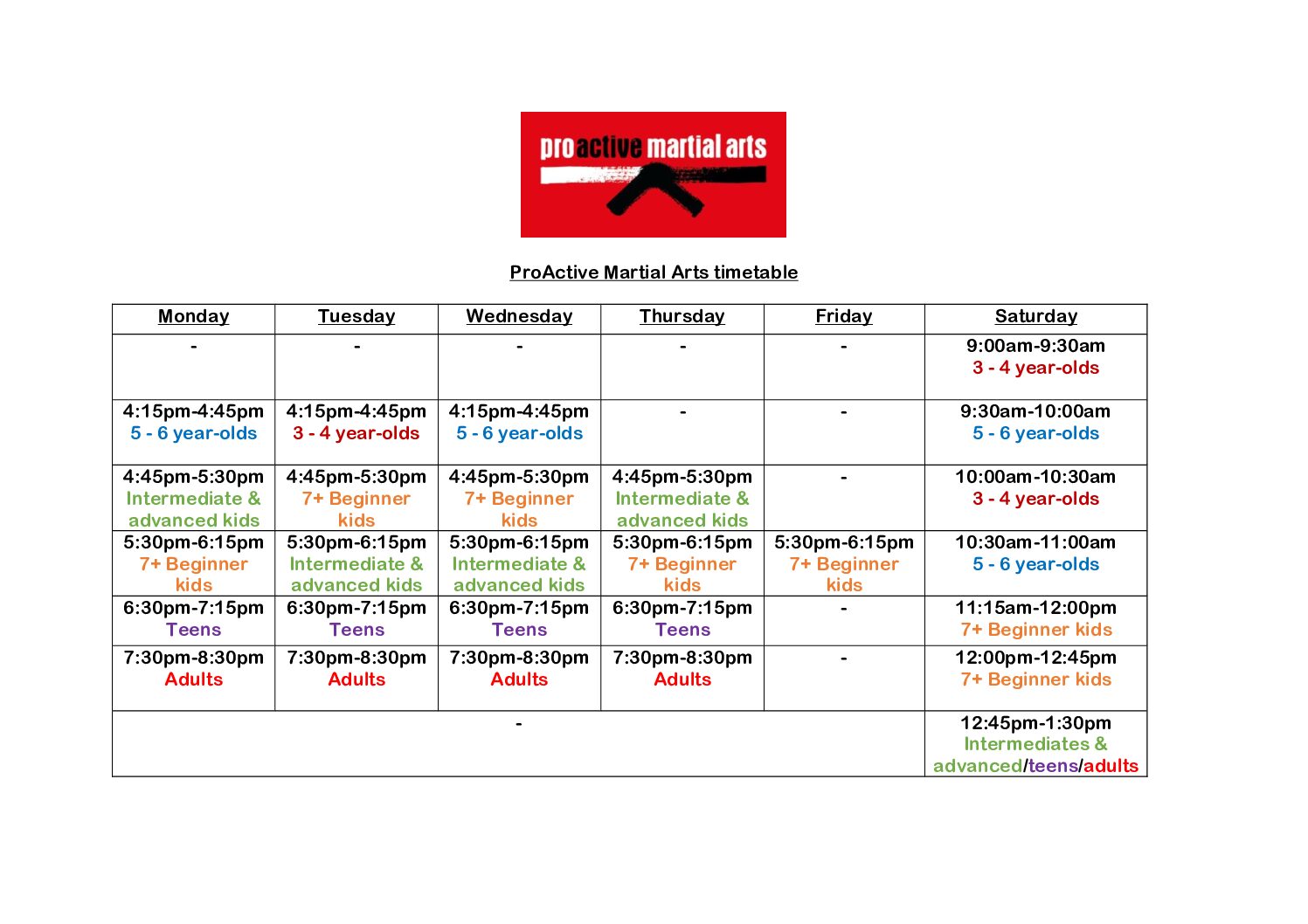 ProActive Martial Arts timetable February 2025